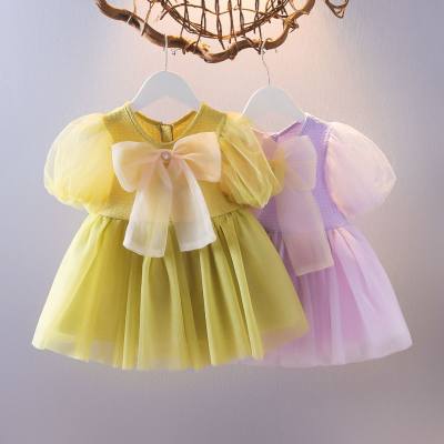 Western-style children's summer solid color Korean style dress short sleeve bow mesh girl clothes