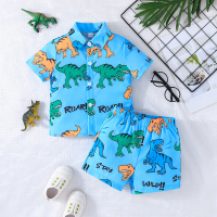 Cross-border 2024 spring and summer new male baby autumn and winter fashionable and casual multi-color dinosaur print leggings two-piece suit  Blue