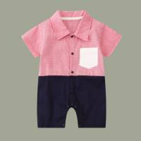 Baby summer clothes baby jumpsuit short-sleeved baby clothes full cotton fart clothes romper gentleman crawling clothes  Pink