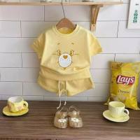 Children's summer short-sleeved suits, baby clothes, baby crawling clothes, class A pure cotton summer clothes  Yellow