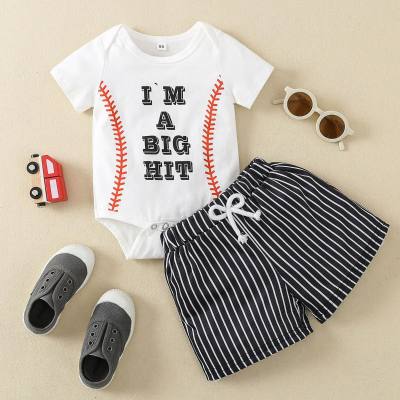 Infant and toddler boy's rugby letter print jumpsuit striped shorts set