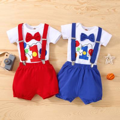 Infant and young children's baby boy and girl baby sling short-sleeved birthday clothes bow number print romper two-piece set