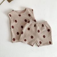New summer baby clothes for children baby bear print suit baby two piece cotton  Khaki