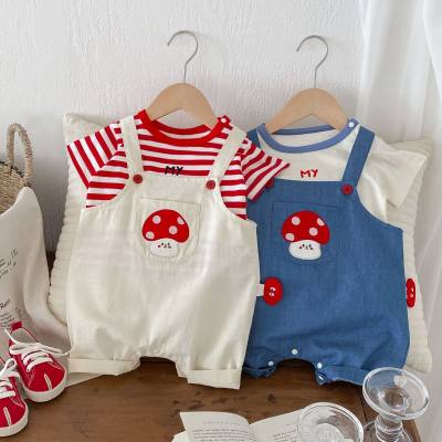 Baby cartoon set children's clothing baby striped T-shirt overalls two-piece set
