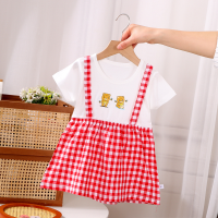 Fake two-piece baby girl dress summer stylish children's suspender plaid skirt baby vest skirt  Red