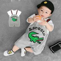 Infant half-sleeved summer dress fake two-piece one-piece cartoon half-sleeved crawl suit for men and women, simple and fashionable outing clothing  Gray