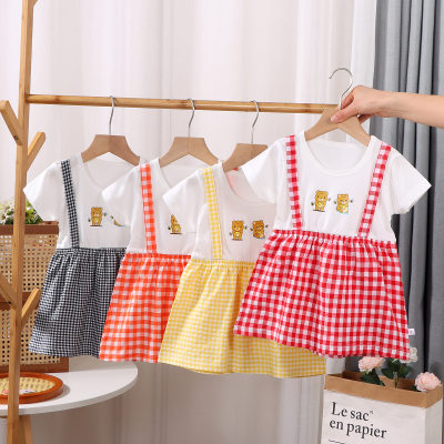 Fake two-piece baby girl dress summer stylish children's suspender plaid skirt baby vest skirt