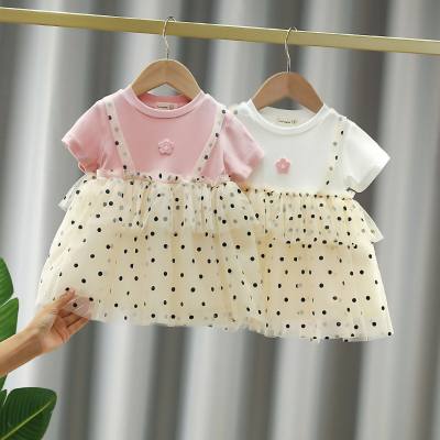New summer dress for girls, short-sleeved lace dress for baby girls, fake two-piece suspender dress