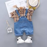 Vêtements pour enfants 2024 été nouveau bébé pour enfants de petite et moyenne taille version coréenne T-shirt chemise à carreaux bretelles ensemble court livraison une pièce  Bleu