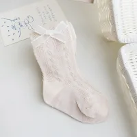 Baby spring and summer mesh pantyhose girls hollow breathable cute bow princess socks baby leggings  Pink
