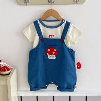 Baby cartoon set children's clothing baby striped T-shirt overalls two-piece set  Blue