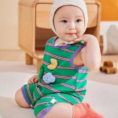 Fashionable baby clothes summer thin striped wide shoulder romper cute super cute baby