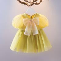 Western-style children's summer solid color Korean style dress short sleeve bow mesh girl clothes  Green