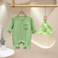 Free hat for baby boys and girls long-sleeved crawling clothes for newborns gauze double-button hooded romper  Green
