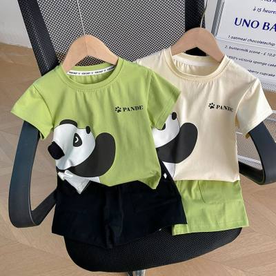 Summer children's short-sleeved handsome cartoon boy print thin panda short-sleeved suit green