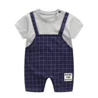 Newborn baby sling plaid fake two-piece summer thin jumpsuit gentleman baby hundred-day full moon crawling clothes romper  Navy Blue
