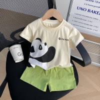 Summer children's short-sleeved handsome cartoon boy print thin panda short-sleeved suit green  Beige