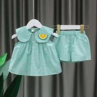 Bebê menina princesa terno menina roupas de verão das crianças elegante terno de duas peças terno xadrez do bebê  Verde