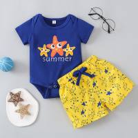 Vendite dirette della fabbrica di abbigliamento per bambini del commercio estero Vestito con stampa di stelle marine dei cartoni animati per bambini europei e americani del pagliaccetto del neonato  Blu
