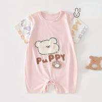 Baby summer short-sleeved romper boy cotton thin jumpsuit girl child baby outer wear pullover pajamas summer clothes  Pink