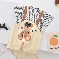 Super cute baby jumpsuit suspenders summer thin fake two-piece clothes crawling clothes one-year-old baby short sleeves  Apricot
