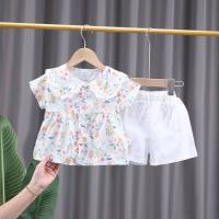 ملابس أطفال بدلة صيفية لحديثي الولادة طفلة رفيعة مكونة من قطعتين تنورة أميرة مقسمة بالزهور  أبيض