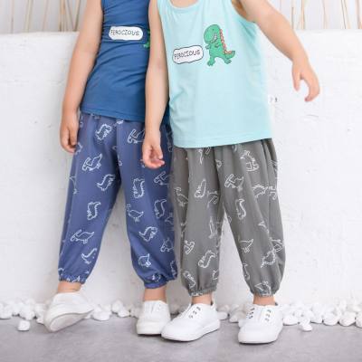 ins dinosaur full print children's mosquito-proof pants ice silk cotton and linen small and medium-sized children's summer thin pants new casual children's pants