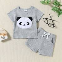 New style baby cartoon panda print short-sleeved top solid color shorts boys summer two-piece suit  Gray