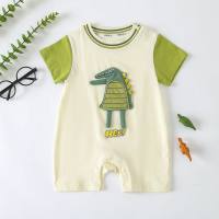 Baby summer jumpsuit newborn cartoon dinosaur short-sleeved romper boy and girl baby summer thin clothes crawling clothes  Beige