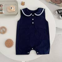 Baby summer jumpsuit boy and girl baby college style lapel vest navy thin outing climbing clothes  Navy Blue