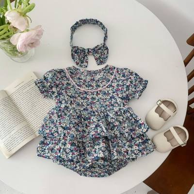Infant and young children's jumpsuit baby girl small floral short-sleeved romper with headband