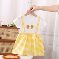 Fake two-piece baby girl dress summer stylish children's suspender plaid skirt baby vest skirt  Yellow