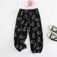 ins dinosaur full print children's mosquito-proof pants ice silk cotton and linen small and medium-sized children's summer thin pants new casual children's pants  Black