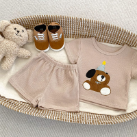 2024 Korean style boys summer suit baby boy cute bear embroidered short-sleeved T-shirt shorts two-piece set  Light brown