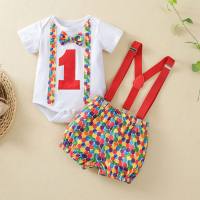 Infant and Toddler Summer Digital Circle Print Short Sleeve Suspender Set  White