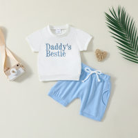 AliExpress best selling infant and toddler letter embroidered printed short-sleeved tops solid color shorts set available in two colors  Blue