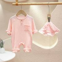 Free hat for baby boys and girls long-sleeved crawling clothes for newborns gauze double-button hooded romper  Pink
