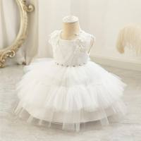 Girls mesh princess dress 1st birthday girl dress wedding flower girl dress children piano performance dress  White