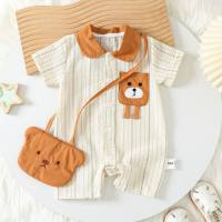 Baby boy summer half-sleeved jumpsuit with infant and toddler thin summer robe cartoon children's fun crawling clothes  Beige