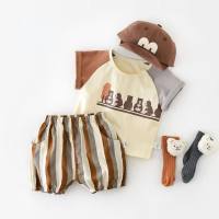 Summer suit new style bear round neck short sleeve striped pants two piece suit  Apricot