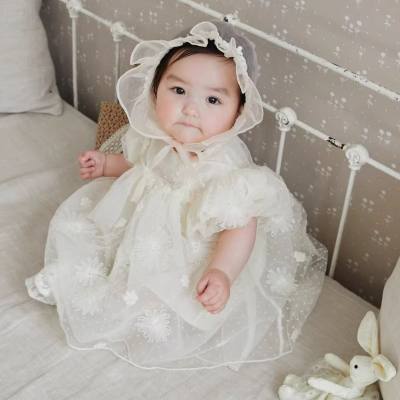 Meninas verão manga curta renda malha vestido de princesa vestido recém-nascido vestido de 100 dias de idade