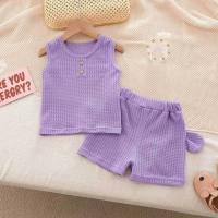 Infant and toddler simple summer sleeveless suit male and female baby wide shoulder suit outing clothes candy color two-piece suit  Purple