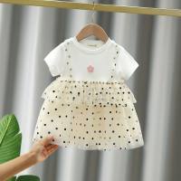New summer dress for girls, short-sleeved lace dress for baby girls, fake two-piece suspender dress  White