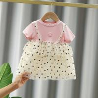 New summer dress for girls, short-sleeved lace dress for baby girls, fake two-piece suspender dress  Pink