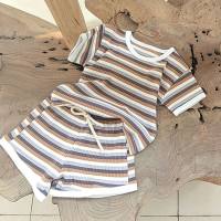 Korean summer style infant and toddler striped cotton short-sleeved shorts suit baby comfortable cute trendy two-piece children's clothing  Camel
