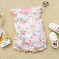 Baby Girl Pure Cotton Revers Spliced Floral Patchwork Fly Sleeve Boxer Romper  Beige
