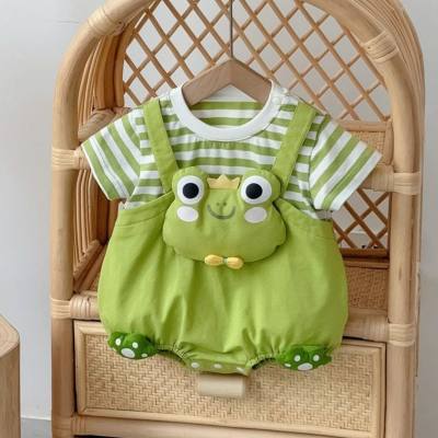Baby clothes summer thin striped fake two-piece short-sleeved crawling clothes cartoon cute baby going out clothes cute romper
