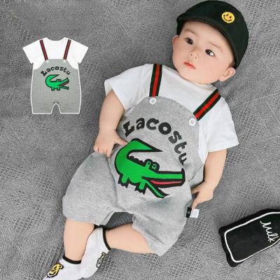 Infant half-sleeved summer dress fake two-piece one-piece cartoon half-sleeved crawl suit for men and women, simple and fashionable outing clothing