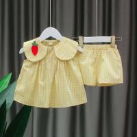 Bebê menina princesa terno menina roupas de verão das crianças elegante terno de duas peças terno xadrez do bebê  Amarelo