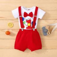 Infant and young children's baby boy and girl baby sling short-sleeved birthday clothes bow number print romper two-piece set  Red